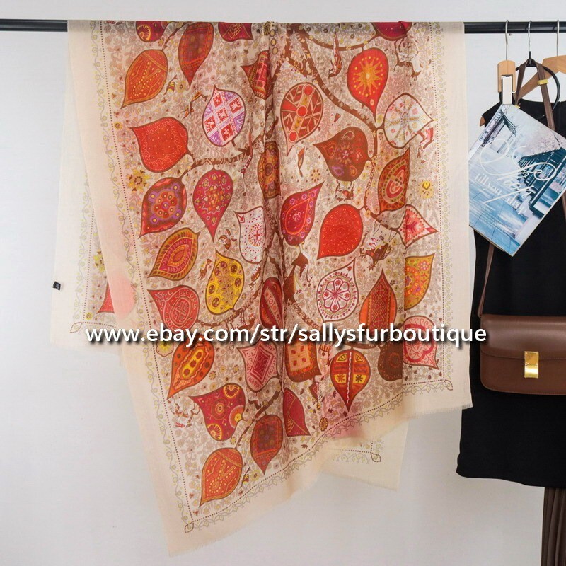 Sallys 200s Cashmere Thin Scarf Wrap Shawl Leaves Print Soft Delicate 78″*39″