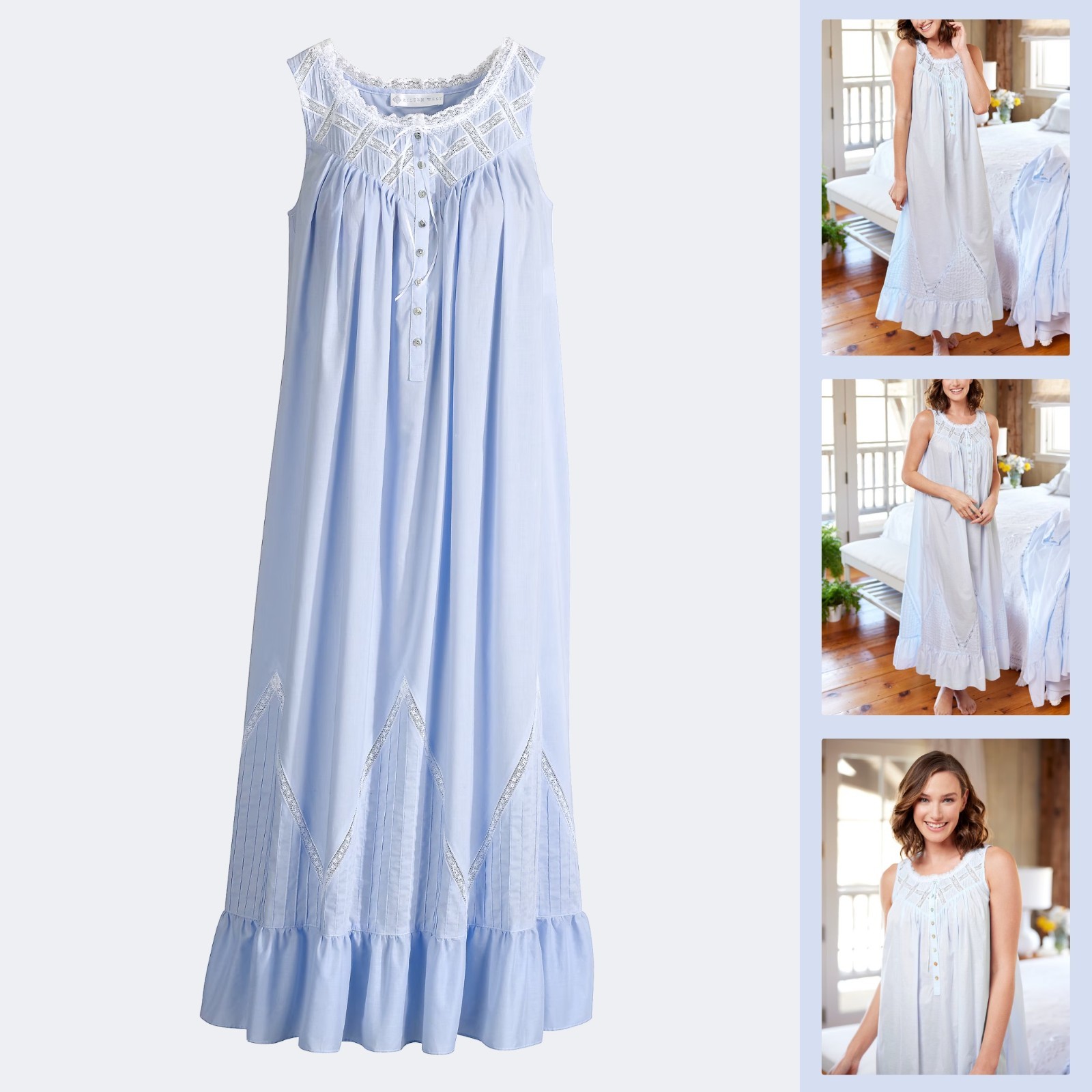 NWT Eileen West Nightgown Long 100% Cotton Lawn Moonlight Sonata, Blue