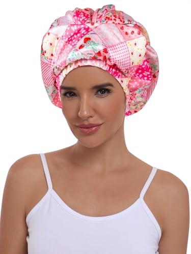 Double Layer Satin Bonnet with Eye Mask Adjustable Silk Sleep Pink Strawberry