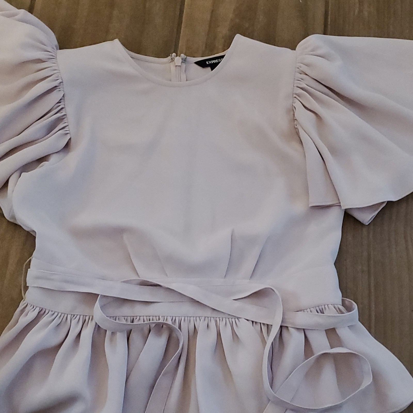 Express Pink Solid Round Neck Puff Sleeve Ruffle Tie Zip Woven Blouse S