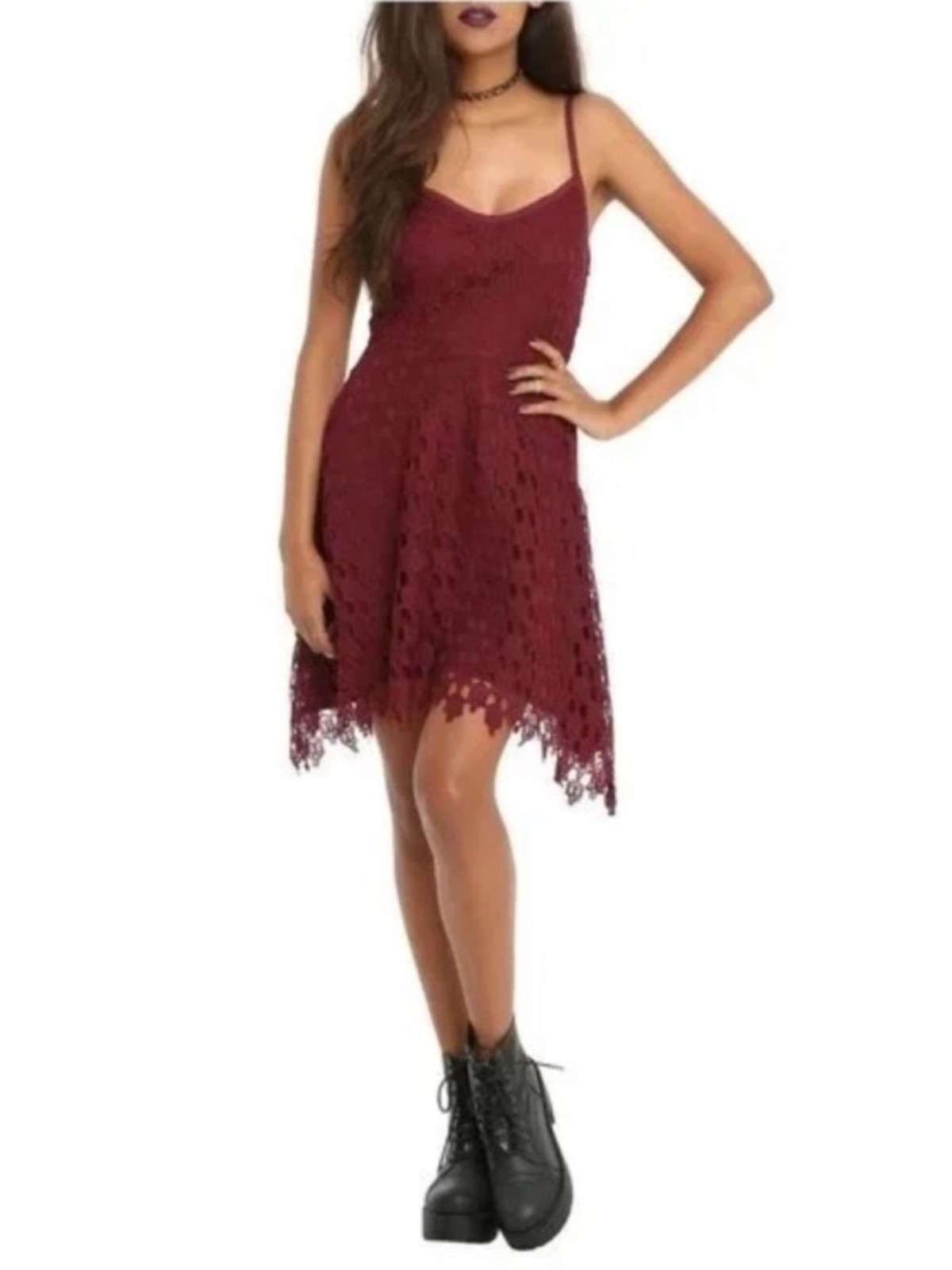 Hot Topic whimsigoth burgundy maroon fit-and-flare skull lace skater dress Sz M