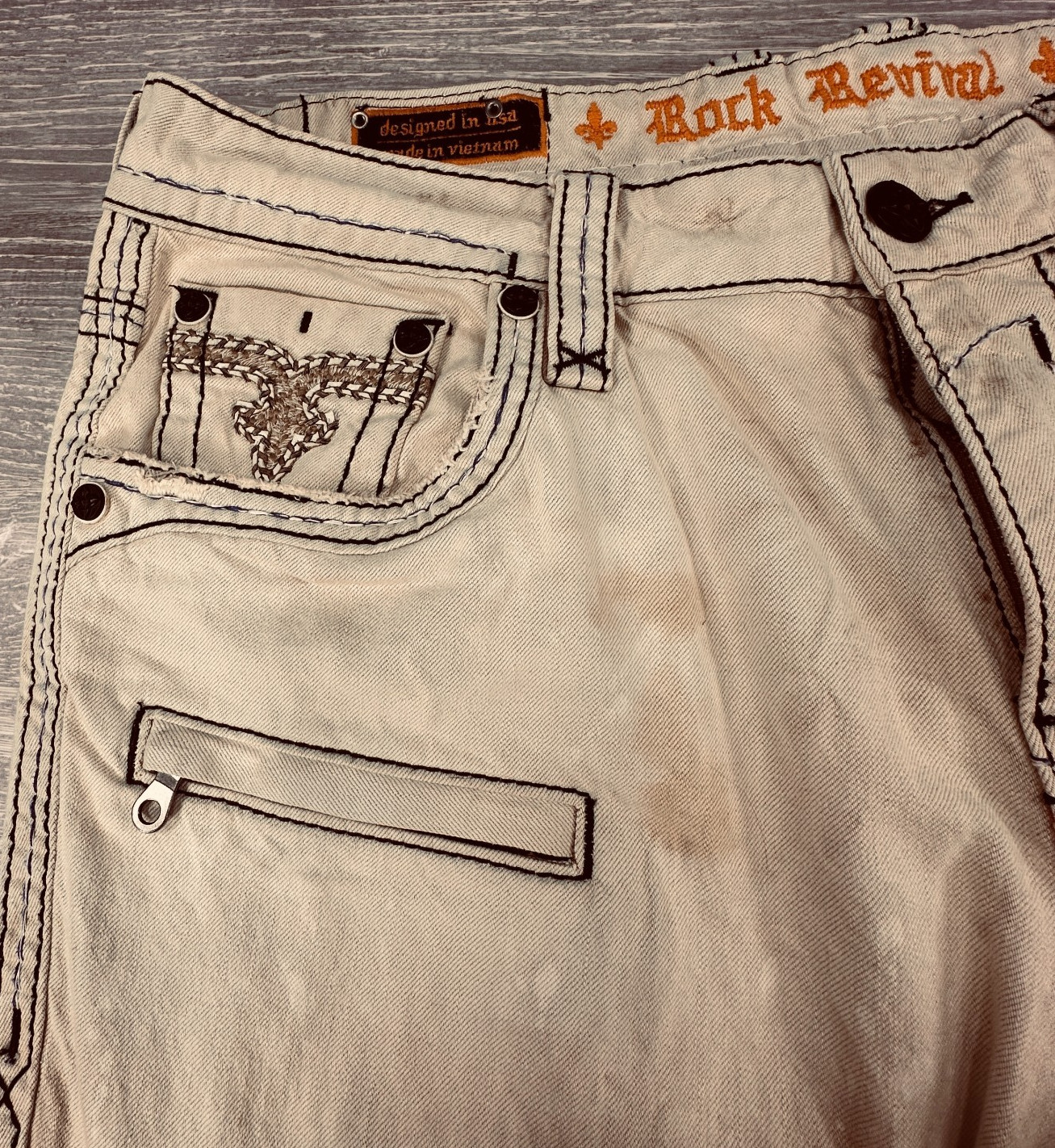 Rock Revivial Callan Biker Beige Jeans Acid Distressed Embroidery Size 38 x 33