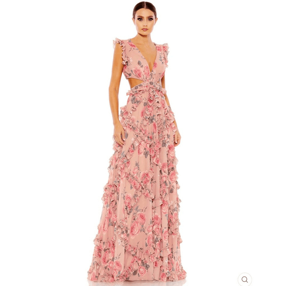 NWT Mac Duggal 9152 RUFFLED CUT OUT CAP SLEEVE V NECK GOWN Rose Size 4
