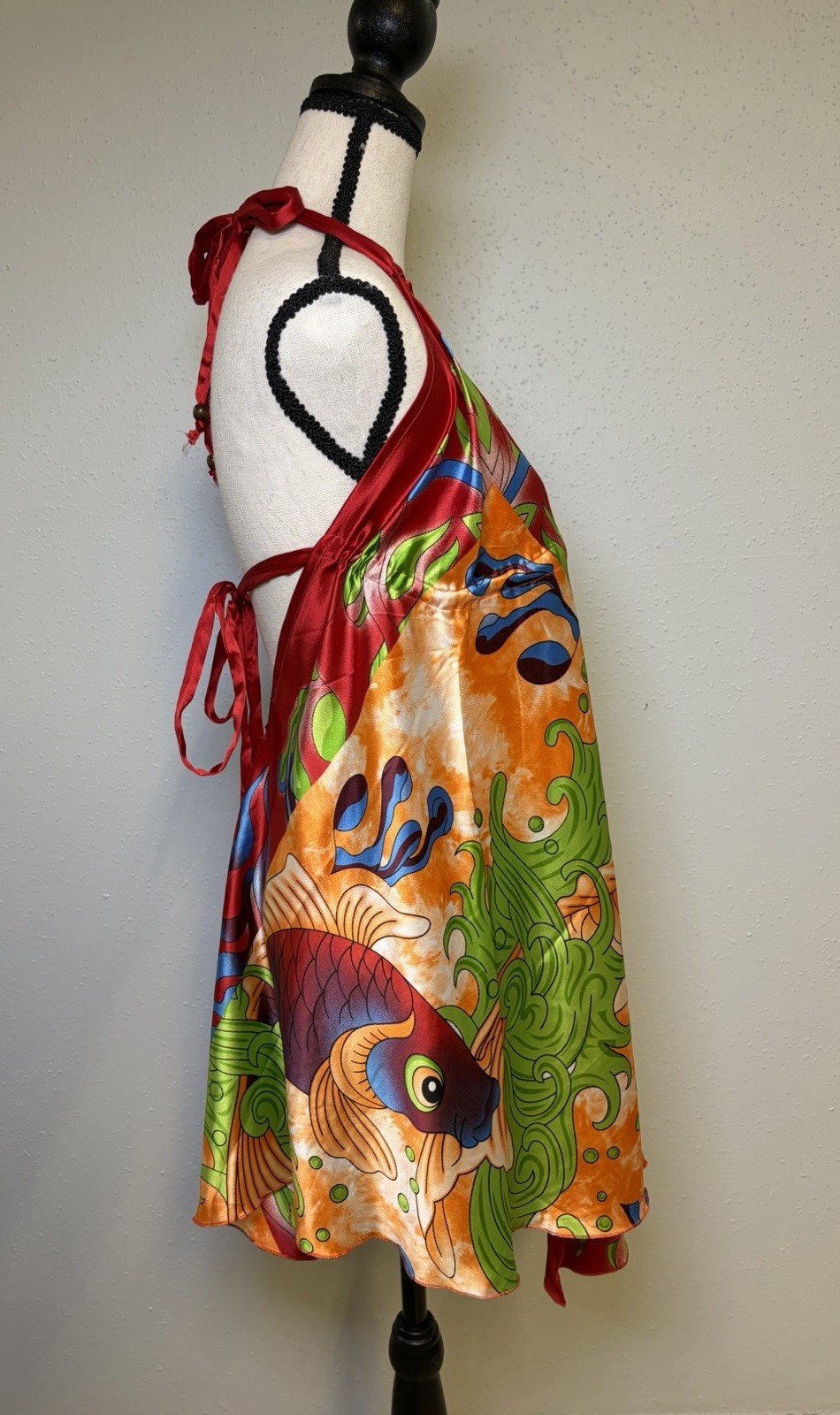 India Boutique Vibrant Flowy Koi Fish Print Halter Mini Dress One Sz Bohemian