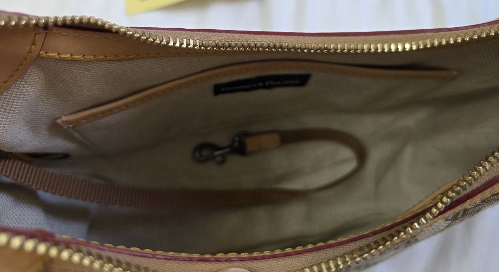 Dooney & Bourke Logo Crescent Small Shoulder Bag Tan/Burgundy NWOT