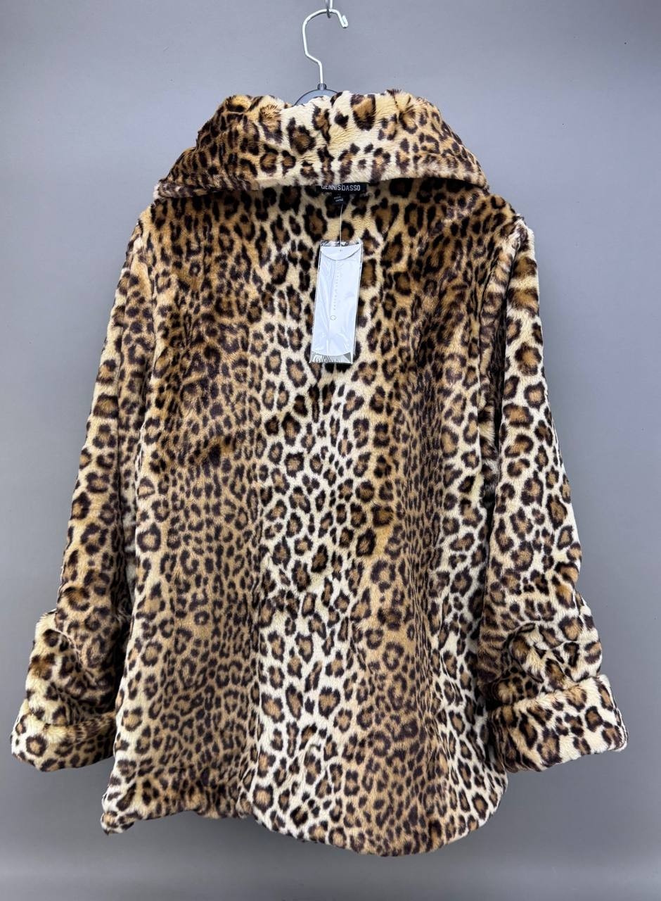 Dennis by Dennis Basso Womens Brown Leopard Print Double Sided Faux Fur Coat M