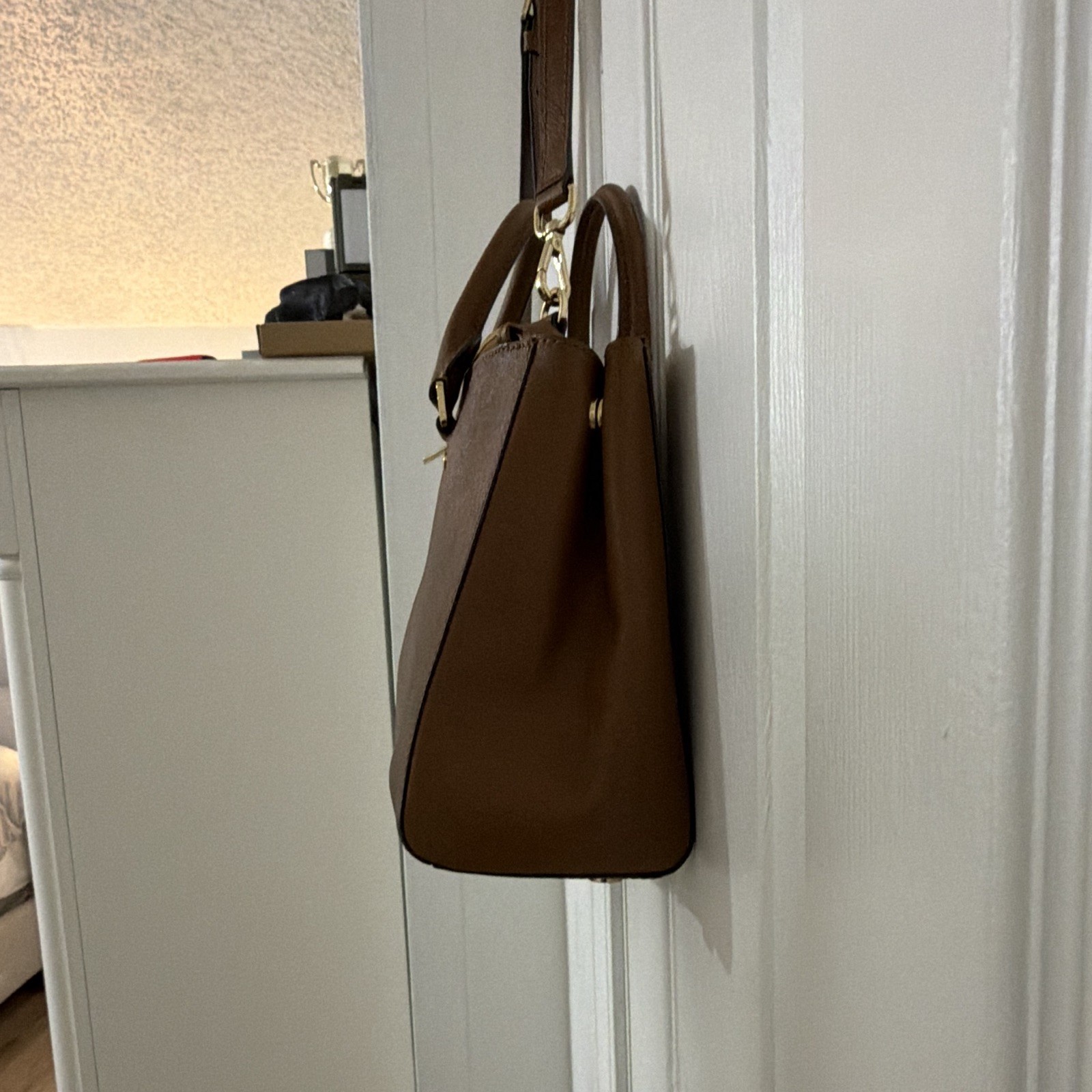 Michael Kors Brown Satchel Top Handle Bag Gold Hardware Detachable Strap