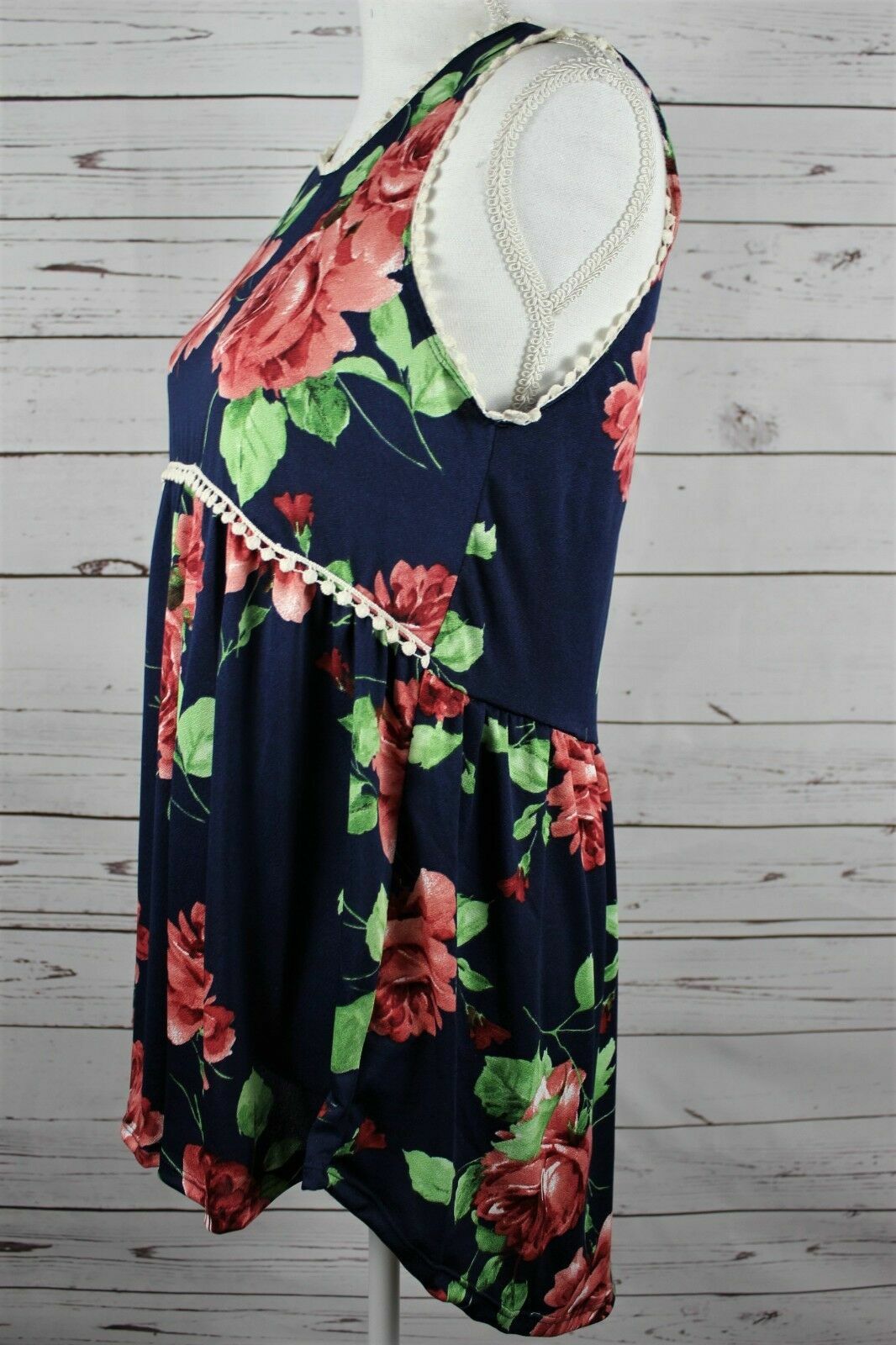 White Birch Navy Pink Floral Babydoll Crochet Trim Tank Knit Boutique Top S M L