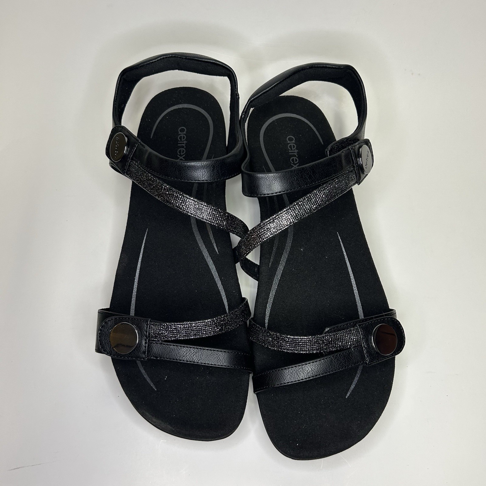 Aetrex Women’s Jess Sandal Black with Glitter Straps Size 11.5 -12 Comfy Sandals