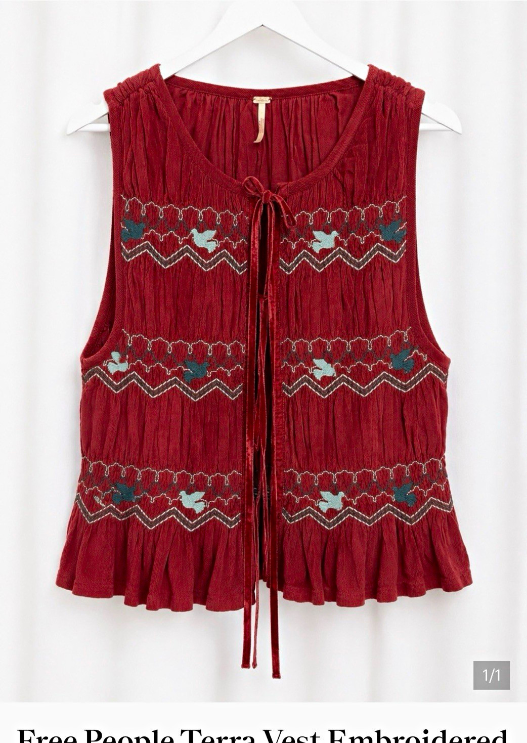 Free People Terra Vest Women’s M/L Burgundy Tie Front Embroidered Bird Boho