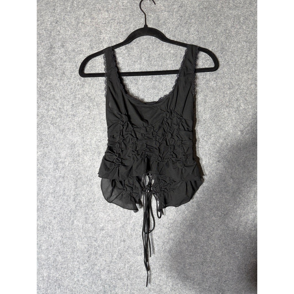 Commense Black Ruched Lace-Up Tank Top XS Fairycore Coquette Chiffon Lace Trim