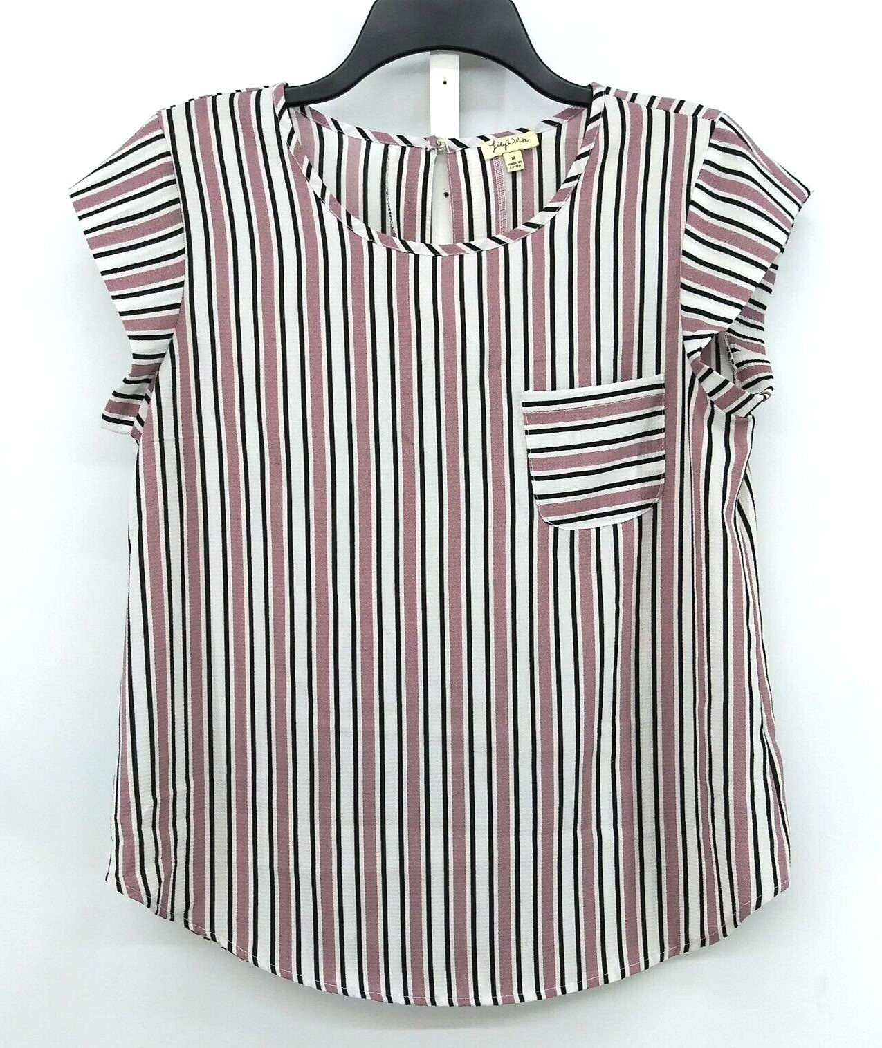 Lily White Shirt Women Size M Purple Black White Striped Cap Sleeve Pullover Top