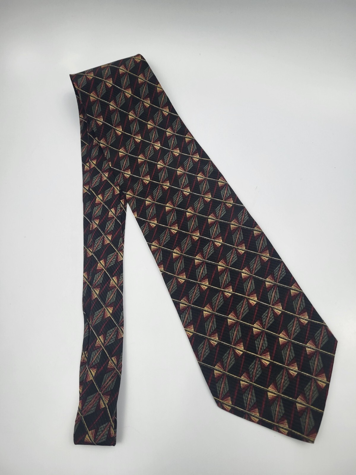 Geoffrey Beene Silk Tie Black Green Red Gray Geometric Necktie Italy 57 x 3.7/8