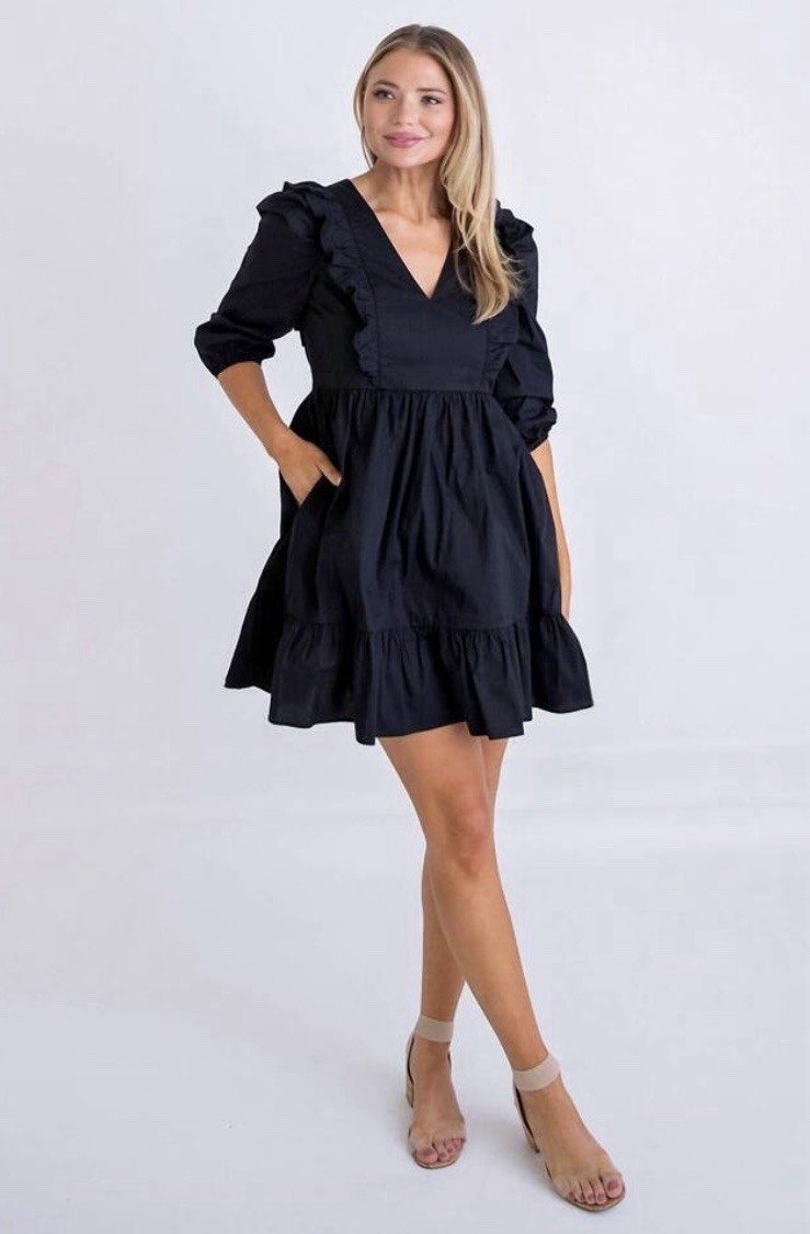 Karlie Poplin Ruffle Tier Black V-Neck Mini Minimalist Whimsigoth Dress Size S