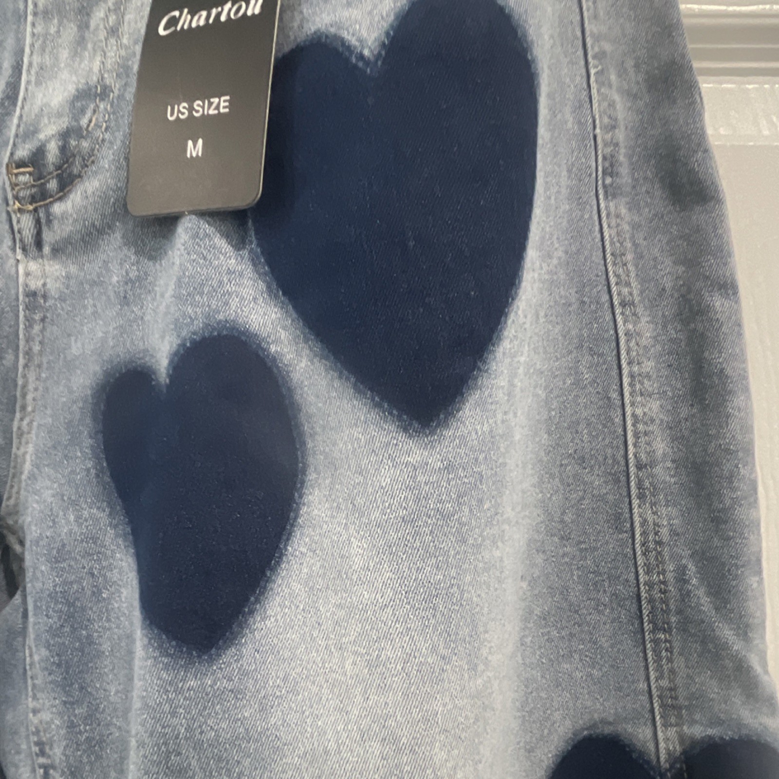 Chartou Women’s Blue Denim Heart Pattern Jeans, Button Closure, 5-Pocket, M