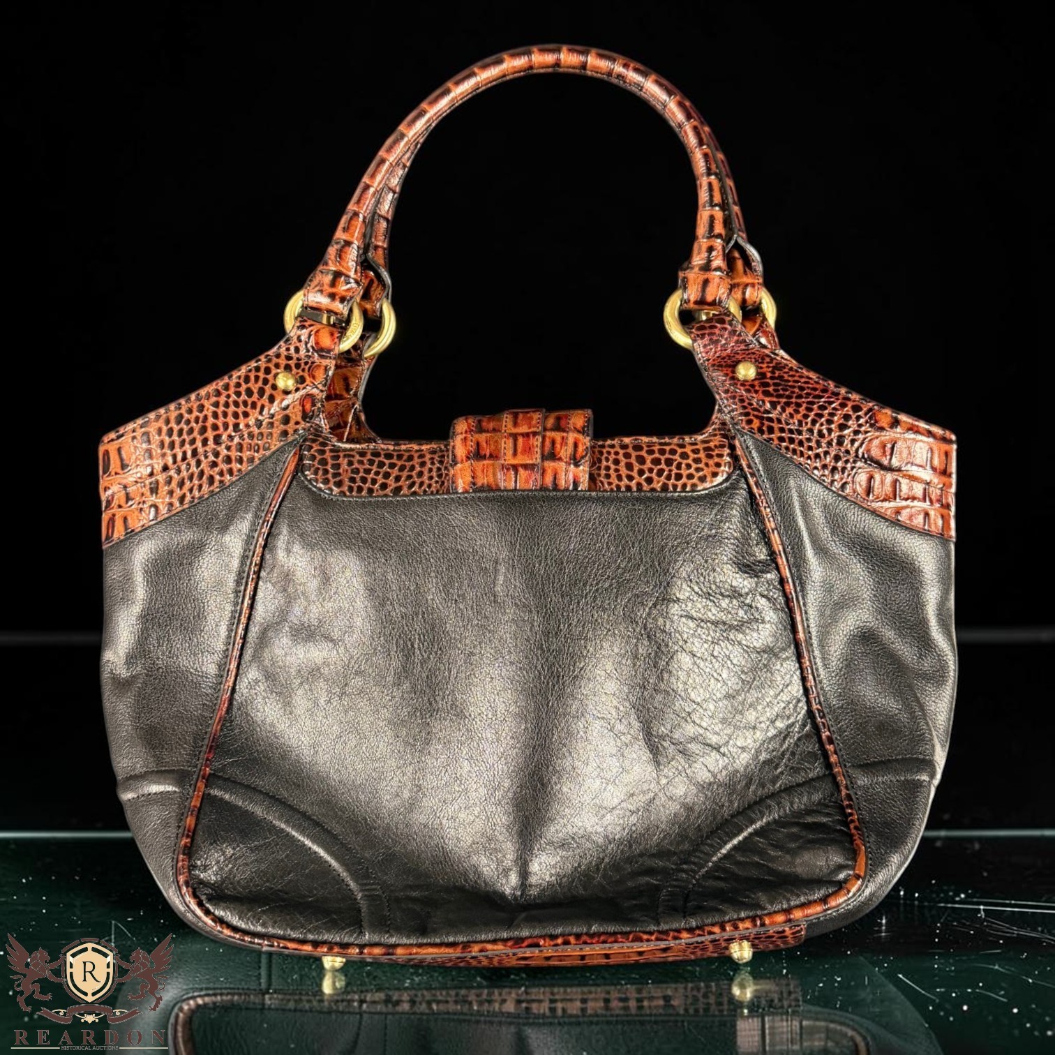 Brahmin Elisa Style Black Leather Satchel Shoulder Bag Cognac Croc Embossed!!!!!