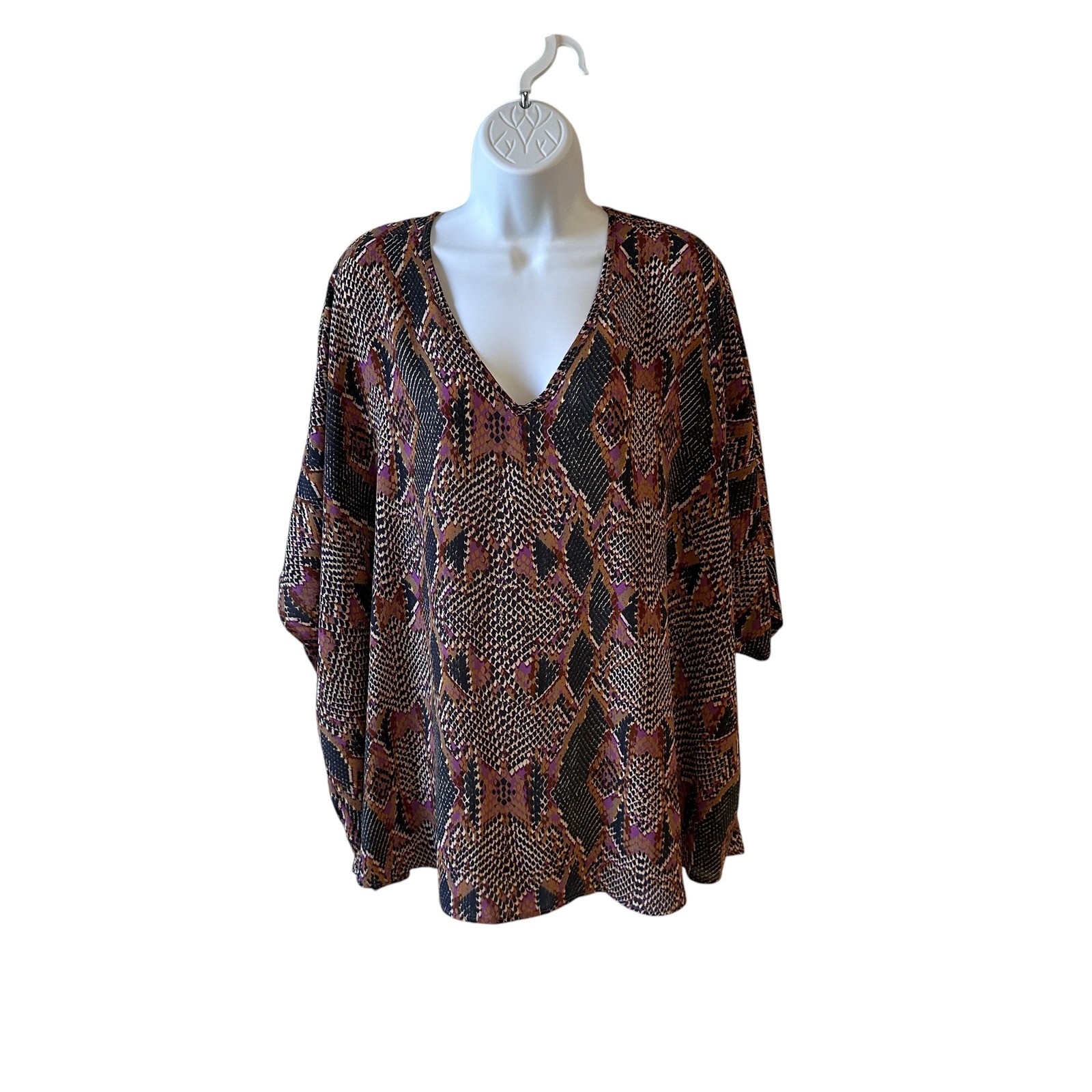 Adrienne Blouse Women Size M Brown Purple Snakeskin Dolman V-Neck Top