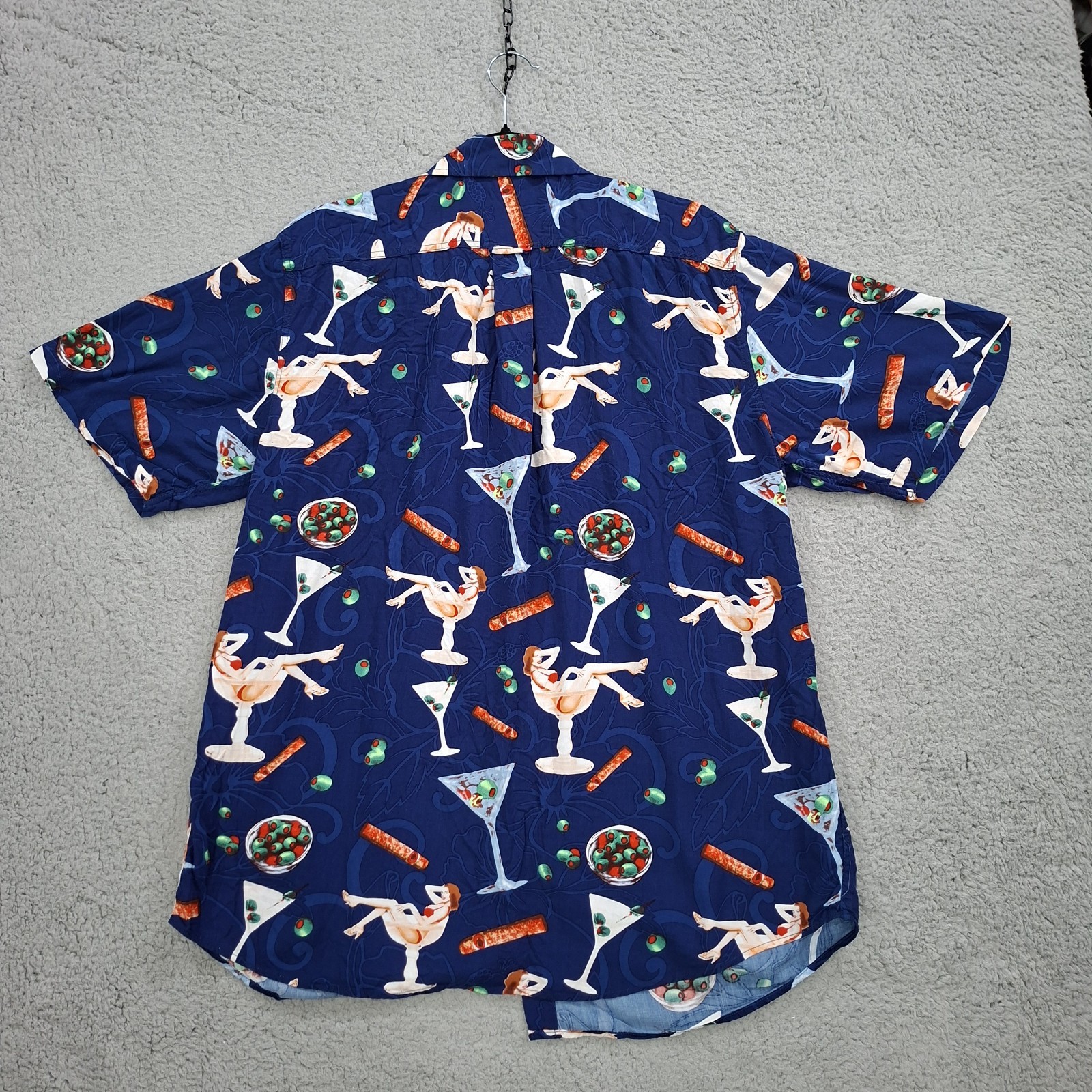 Vintage Junction West Men’s Martini Print Hawaiian Shirt L Blue Pinup Retro
