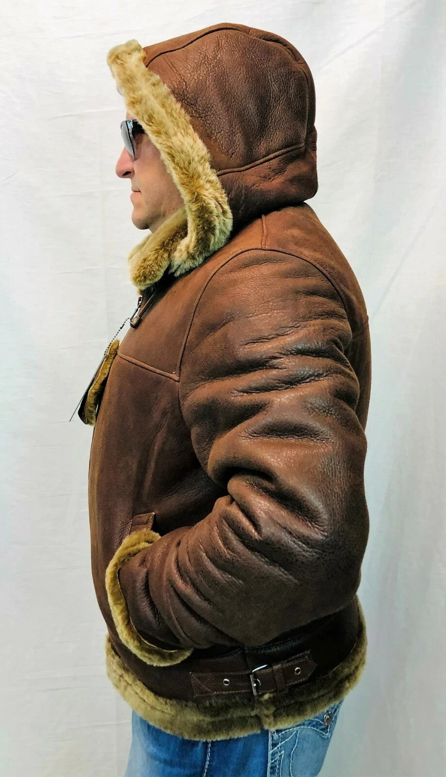 Men’s Genuine Whiskey Sheepskin Shearling Leather Bomber B3 Pilot Coat Jacket