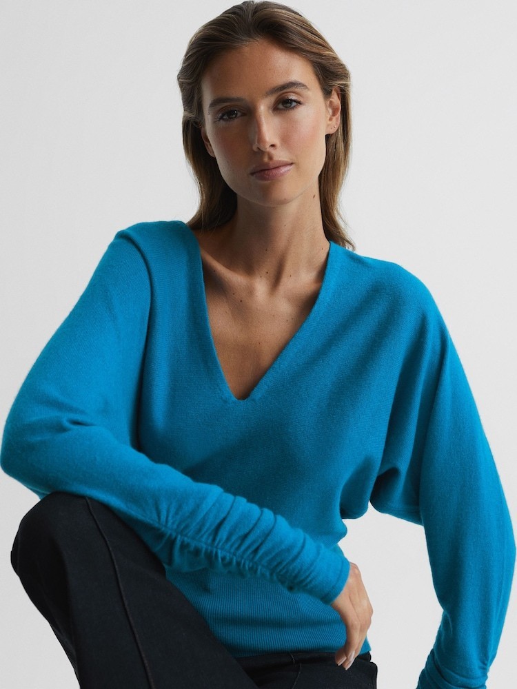 $146 Reiss Jolie Top M Deep V-Neck Jumper Cashmere Wool Ruched Sleeve U74-829
