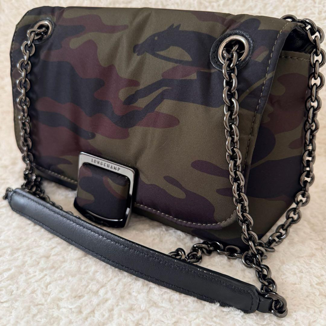 Longchamp Camouflage Nylon Chain Shoulder Bag Crossbody Green Black W 8.7in