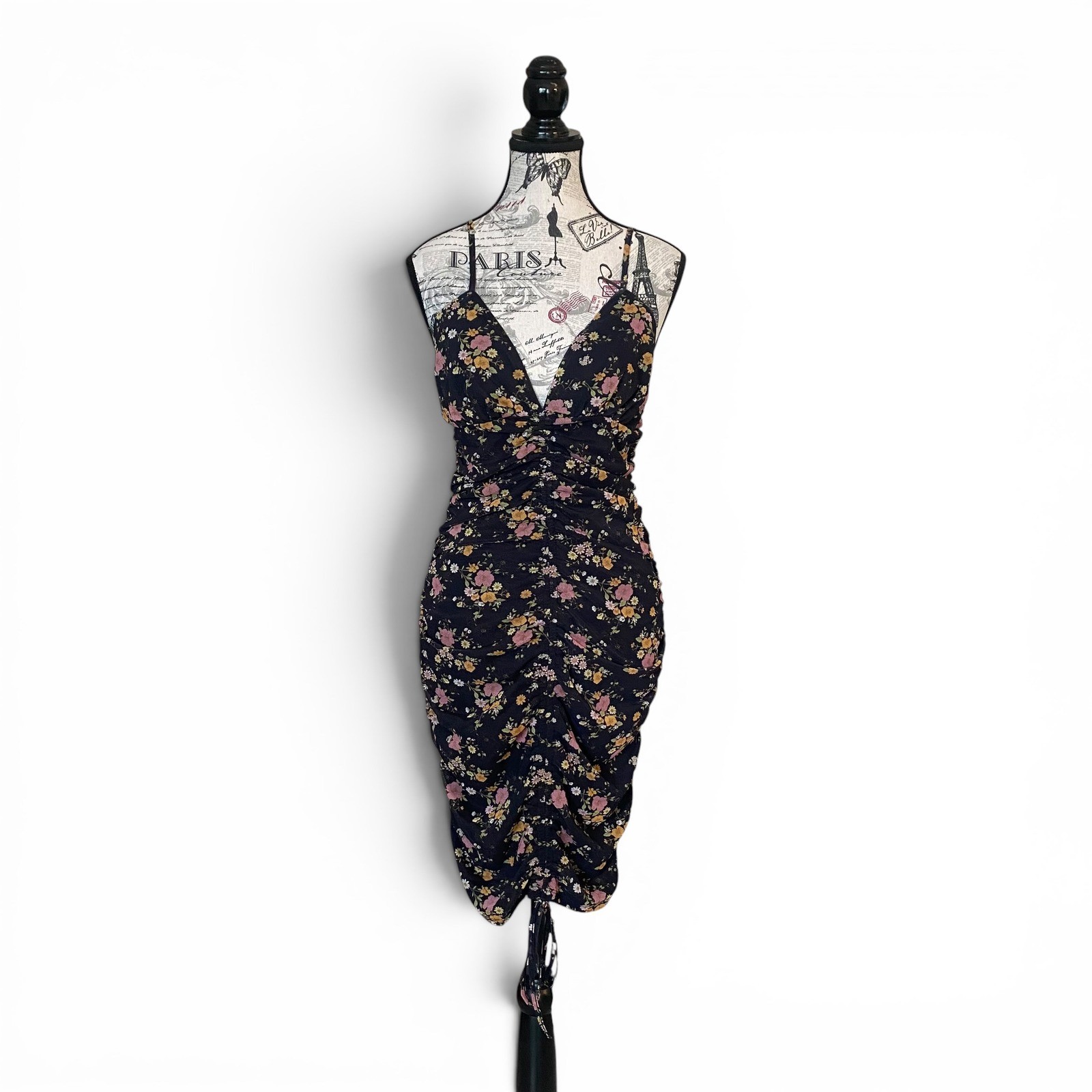 Forever 21 Knit Dress Women Medium Black Floral Ruched Mesh Bodycon V-Neck NWT