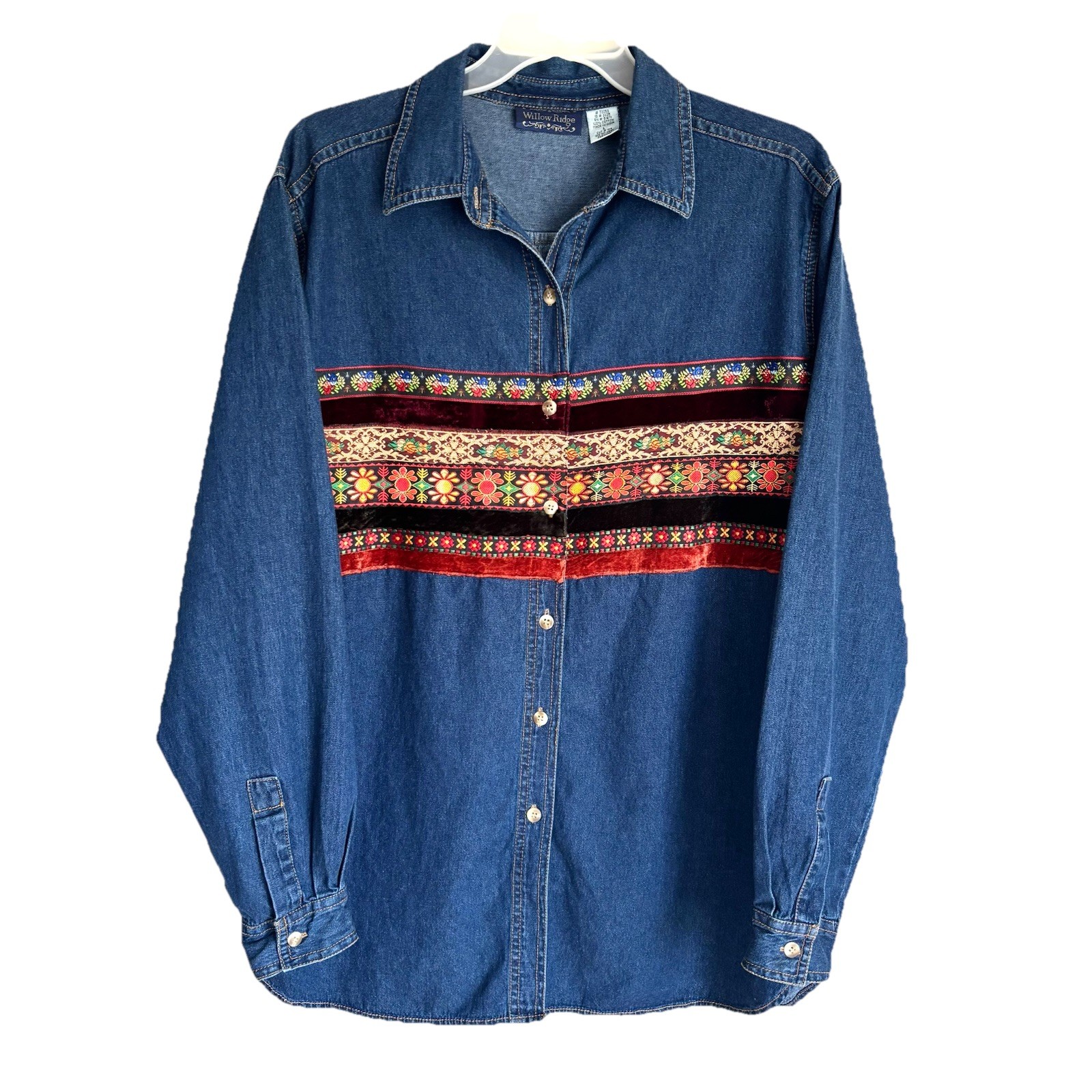 Willow Ridge Sz L Denim Button Down Shirt Embroidered Velvet Rounded Hem