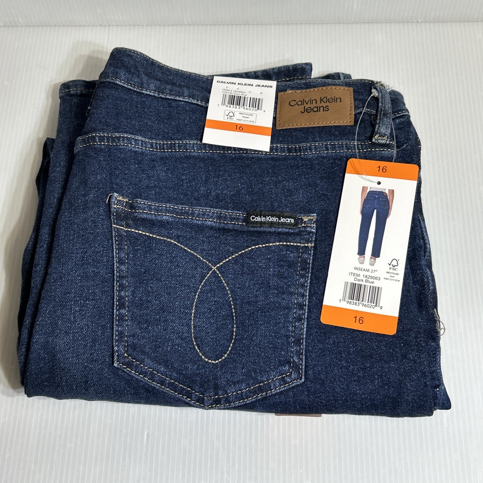 Calvin Klein Women High Rise Straight Leg Jean Size 16 Dark Blue #1829063 NWT