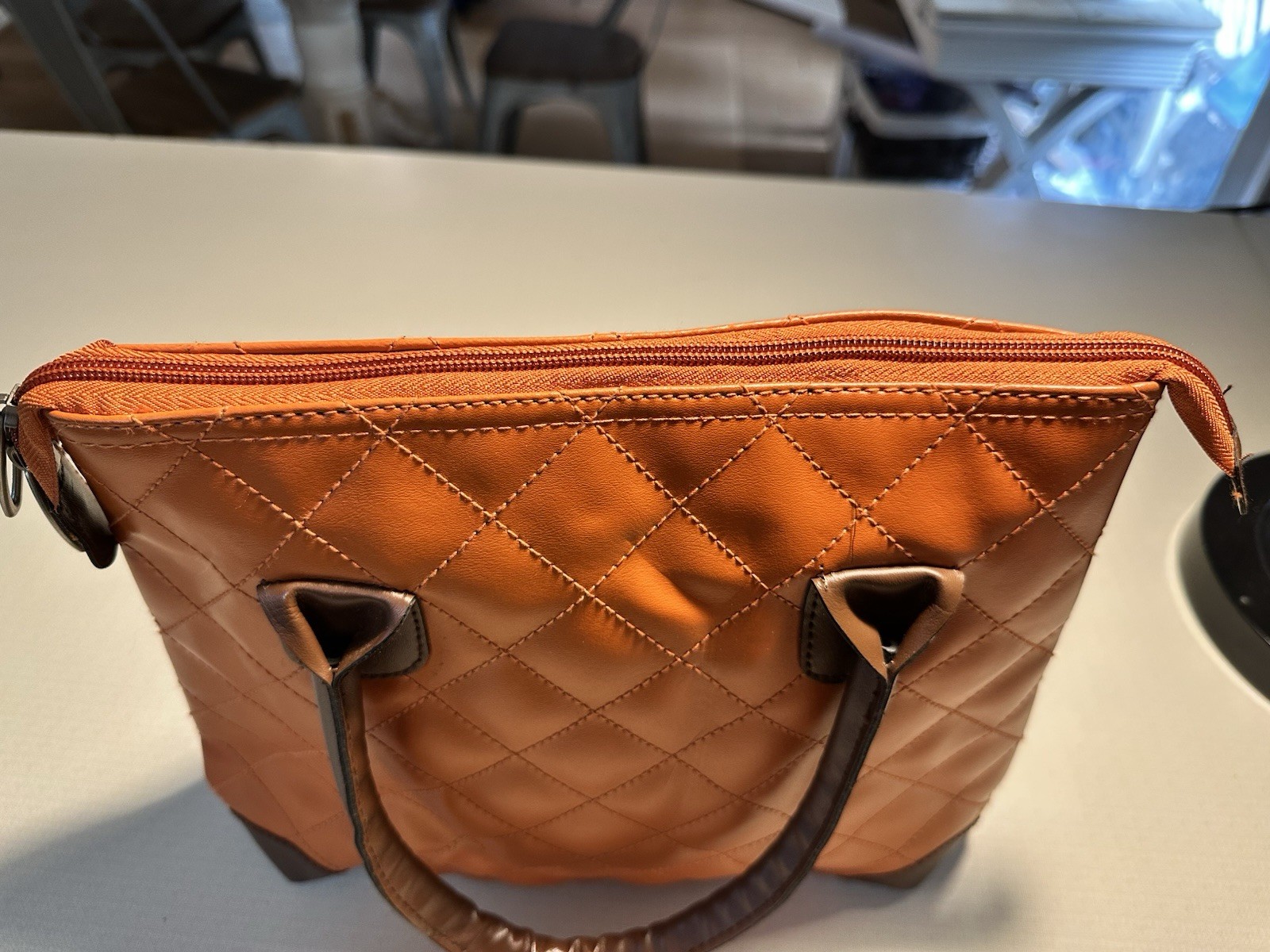 Brown Quilted Zip-Top Satchel Top Handle Bag, Double Handles, Silver Hardware
