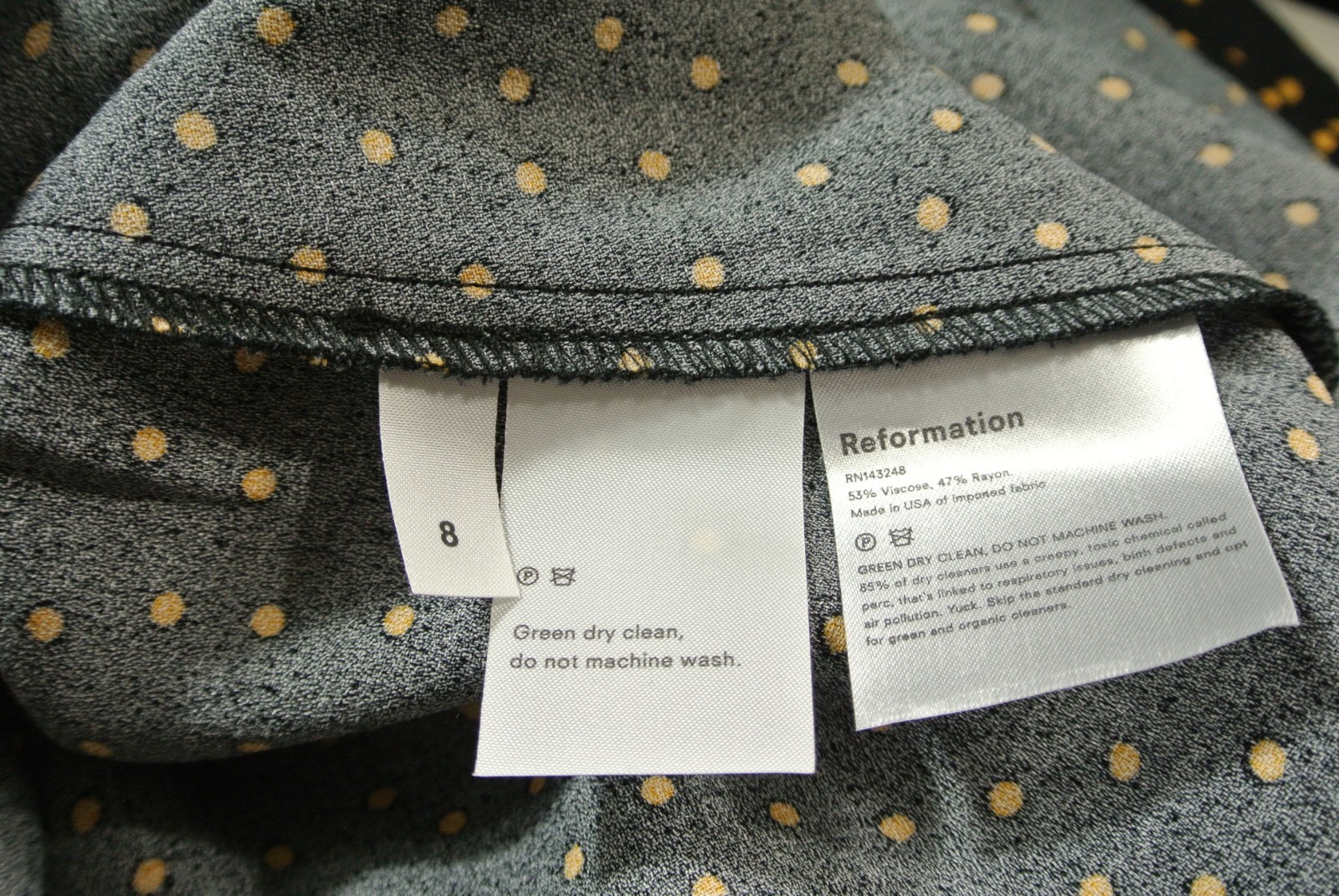 New, REFORMATION Mabel Dress in Micro Dot in Black Sz 8 #MD1948
