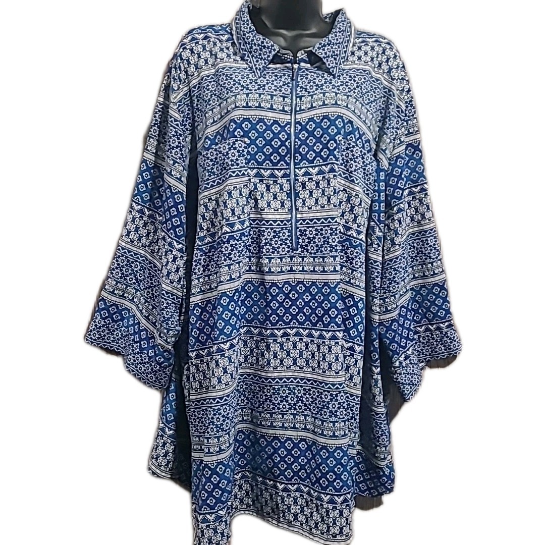 Catherines 1/2 Zip Blue Geometric Blouse Top Plus Size 4X Western Lightweight