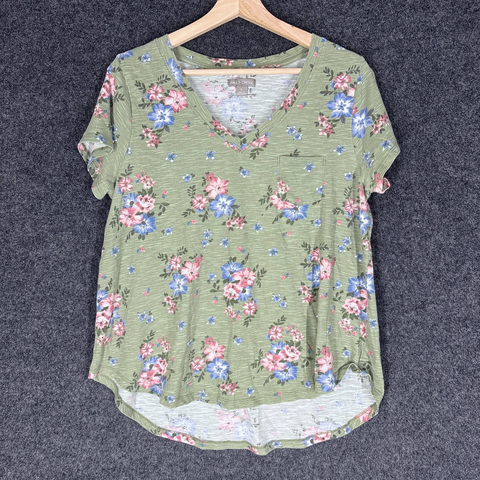 Falls Creek T-Shirt Women L Large Green Floral V-Neck Short Sleeve Cotton Casual