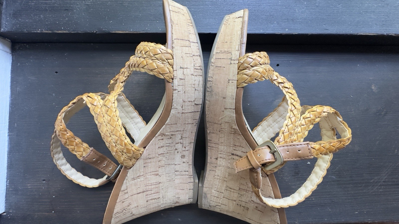 Franco Sarto cork Women’s Braided Strappy Wedge Sandals Buckle Tan/Beige 7