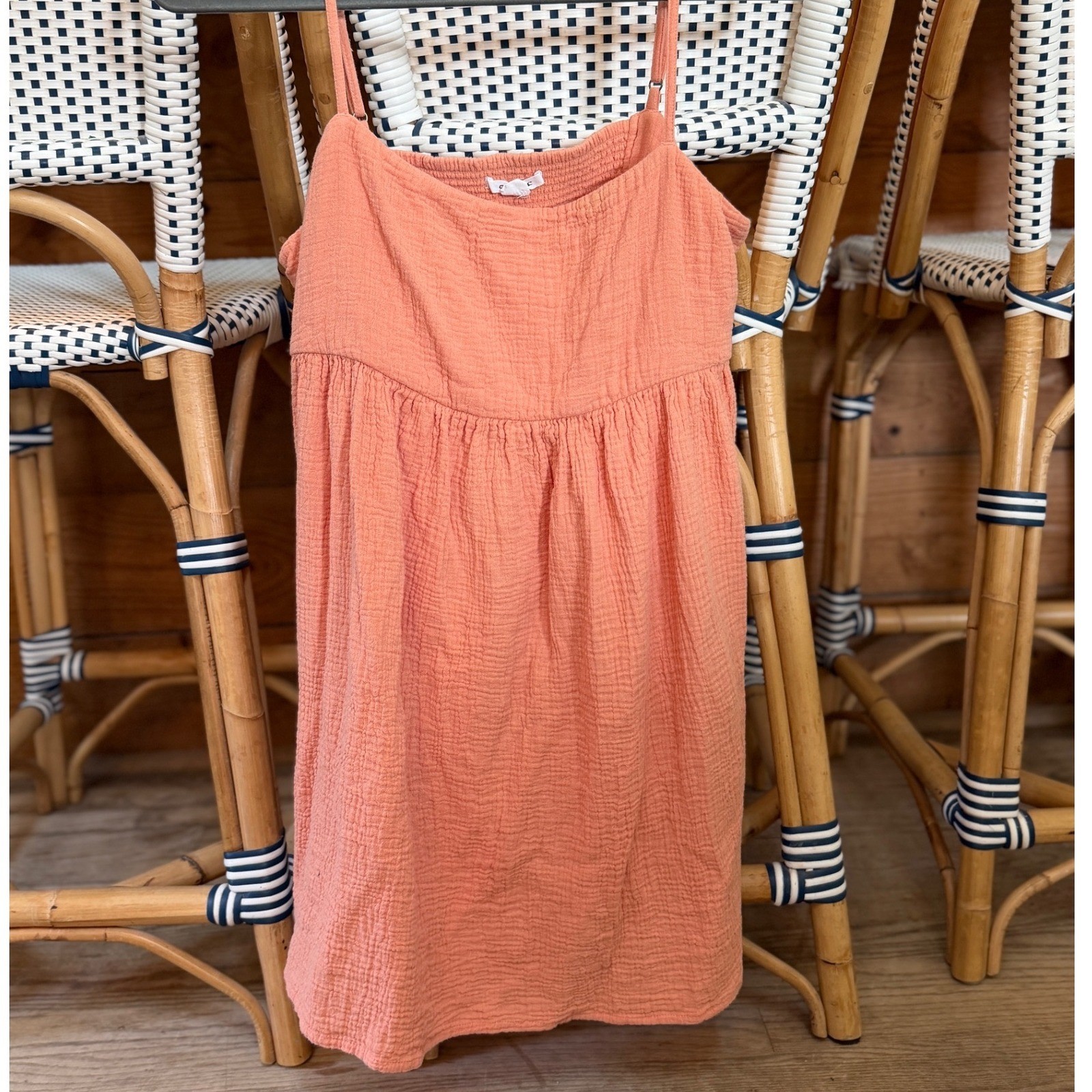 ONeill Peach Crinkle Gauze Babydoll Sundress Womens Large Smocked Mini Pockets