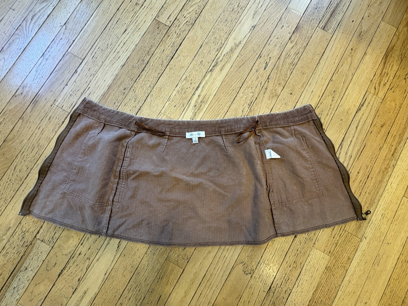 She + Sky Brown Corduroy Mini Skirt Front Zip Closure Pockets Size S