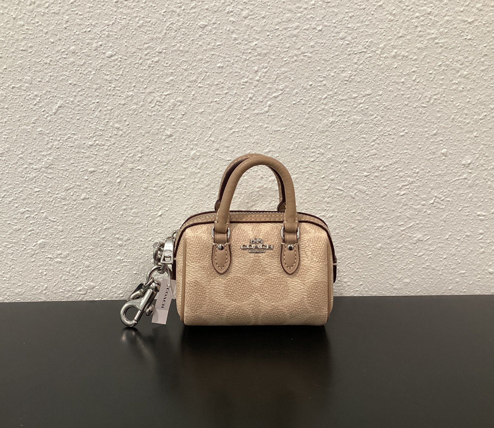 Coach Mini Rowan Bag Charm CX068 Sand Signature Canvas Leather 3.75″x2.5″x2.25″