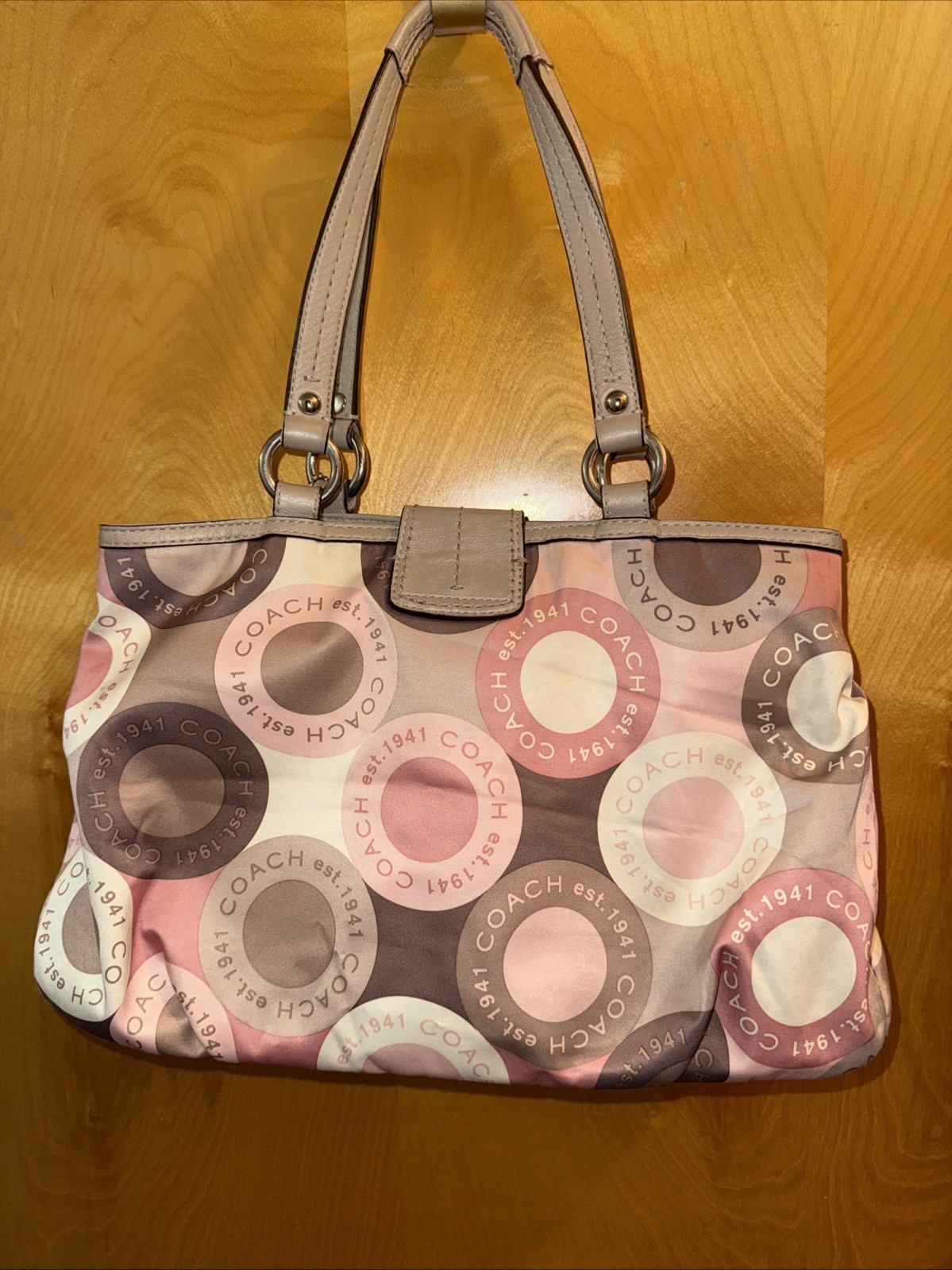 vintage Coach Beige Pink Logo Buckle Accent Double Handle Shoulder Bag F18805. M