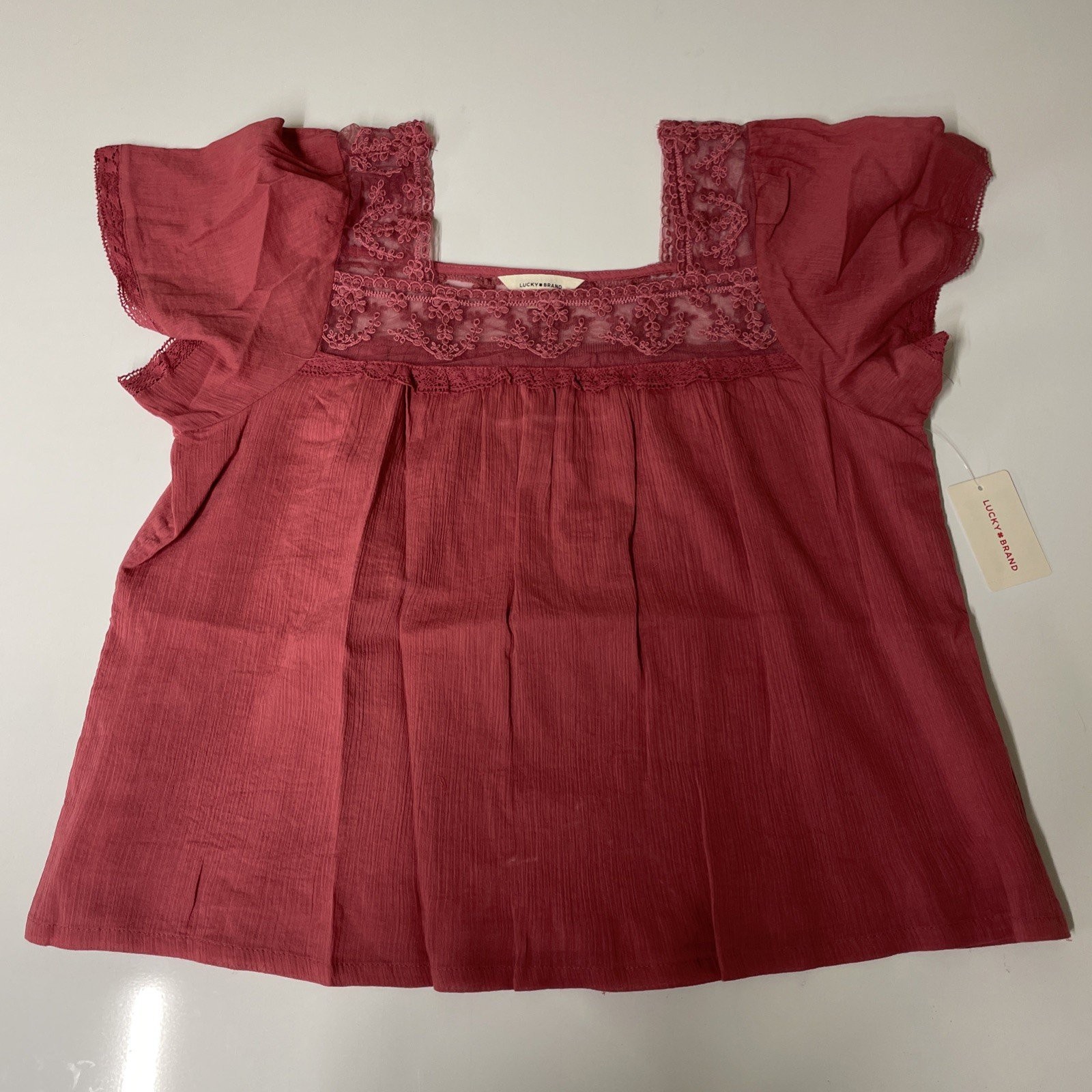 Lucky Brand Mesh Lace Square Neck Blouse Rose Wine Pink Women’s Large L