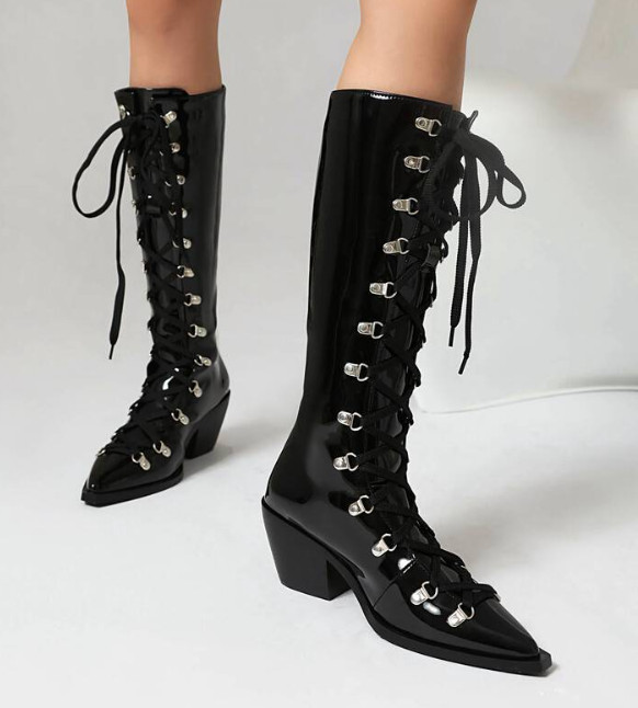 Womens Pointy Toe Lace Up Knee High Boots Block Heels Lace Up Chelsea Shoes Chic