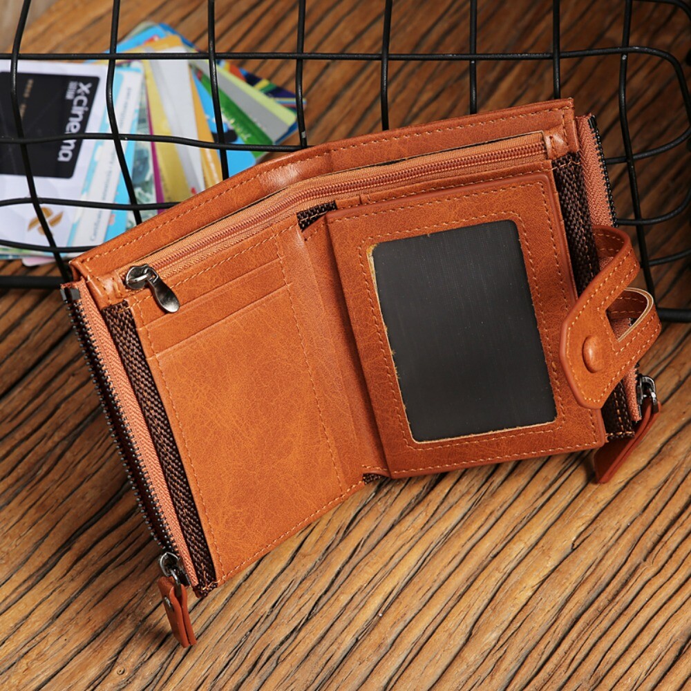 Bifold Double Zipper Coin Pocket Leather Purse Men Wallet with Anti-Theft Chain