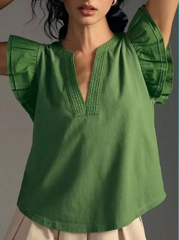 Maeve by Anthropologie Flutter Sleeve Preppy Casual Green Ruffle Blouse Sz M