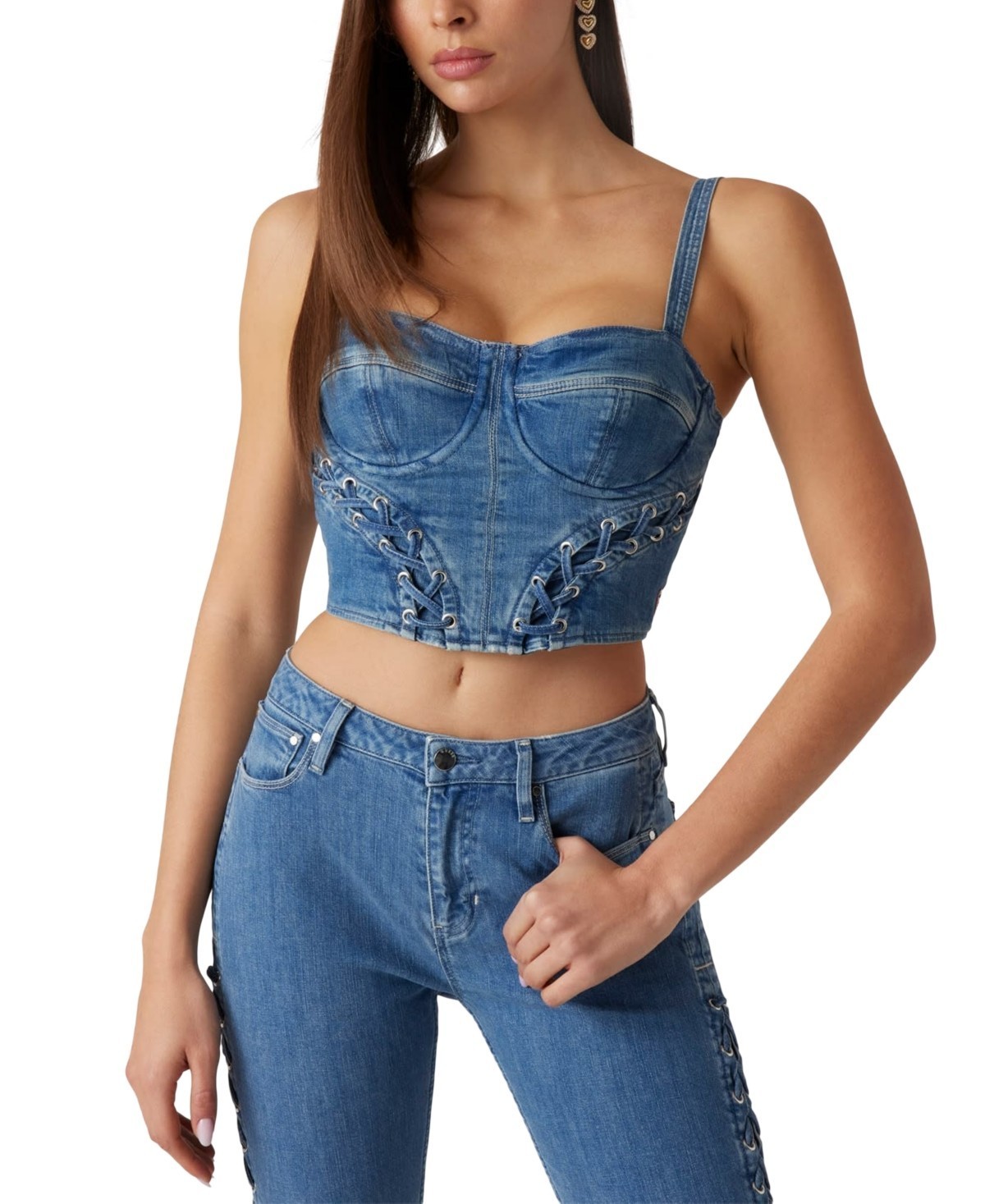 Guess Lace-up Marsy Denim Bustier Top Women’s Large Blue Back Zipped Closure