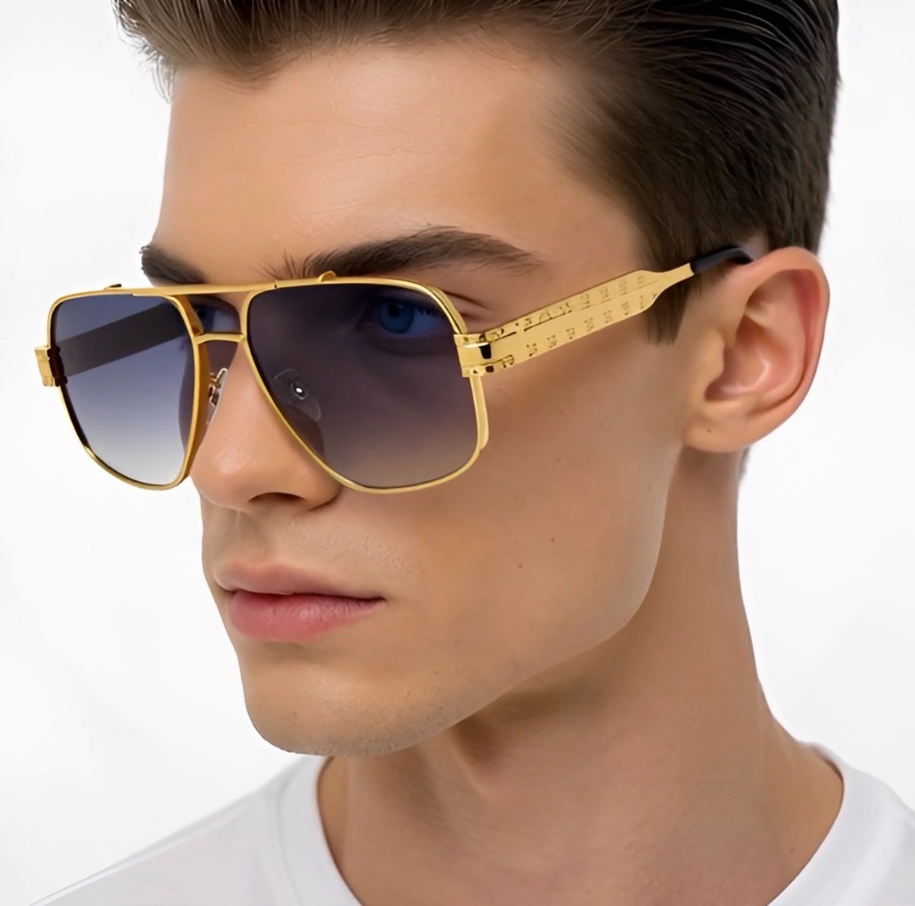 Men Sunglasses Classic Black Lens Square Fashion Design Gold Metal Frame Shades
