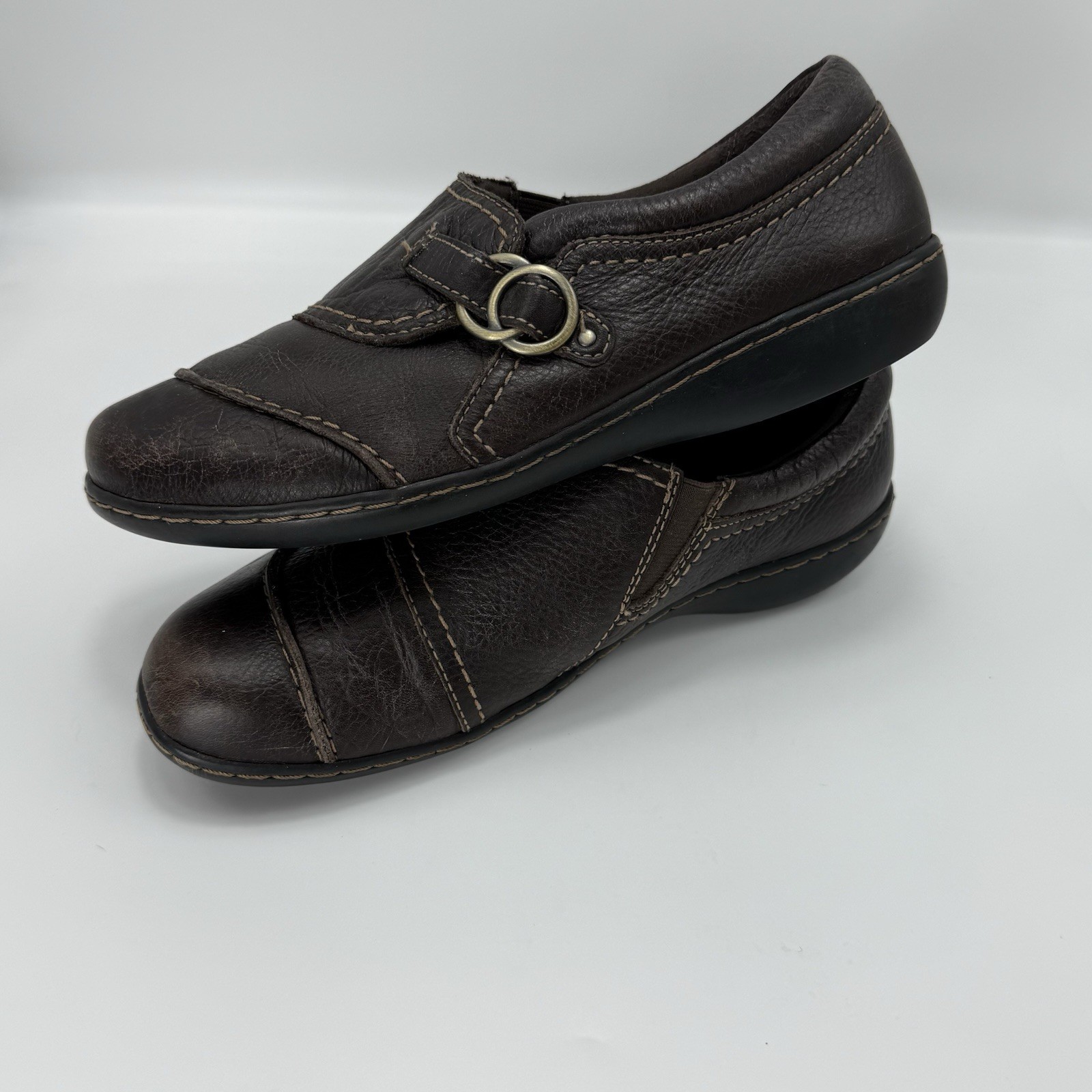 Clarks Ashland Indigo Brown Leather Casual Slip On Loafers Ladies Size 8.5