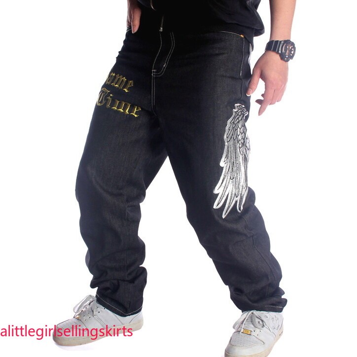Mens Jeans Denim Embroidery Casual Pants Trousers Hip-Hop Relaxed Black W30-W46