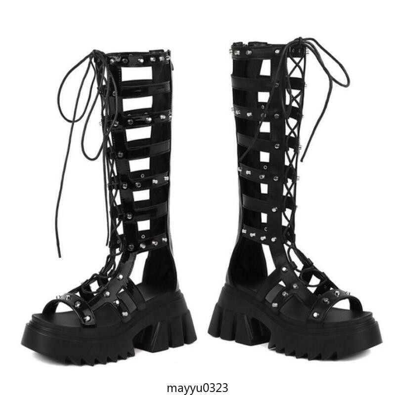 Womens Gothic Casual Mid Block Heel Gladiator Lace Up Platform Sandals Shoes Hot