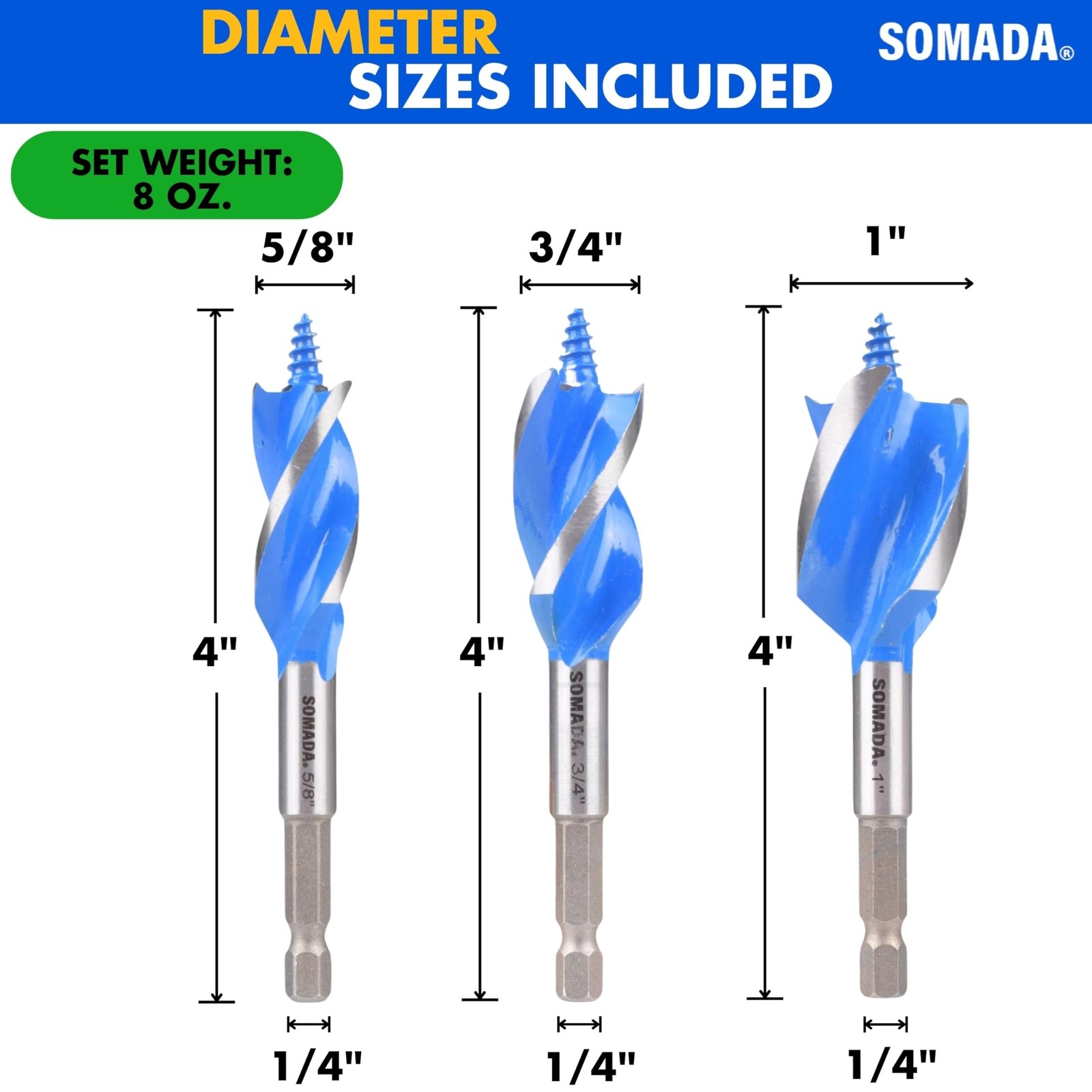 SOMADA Auger Drill Bit Set for Wood, 3-Piece, 5/8″, 3/4″ and 1″ Inch Size, 4-…