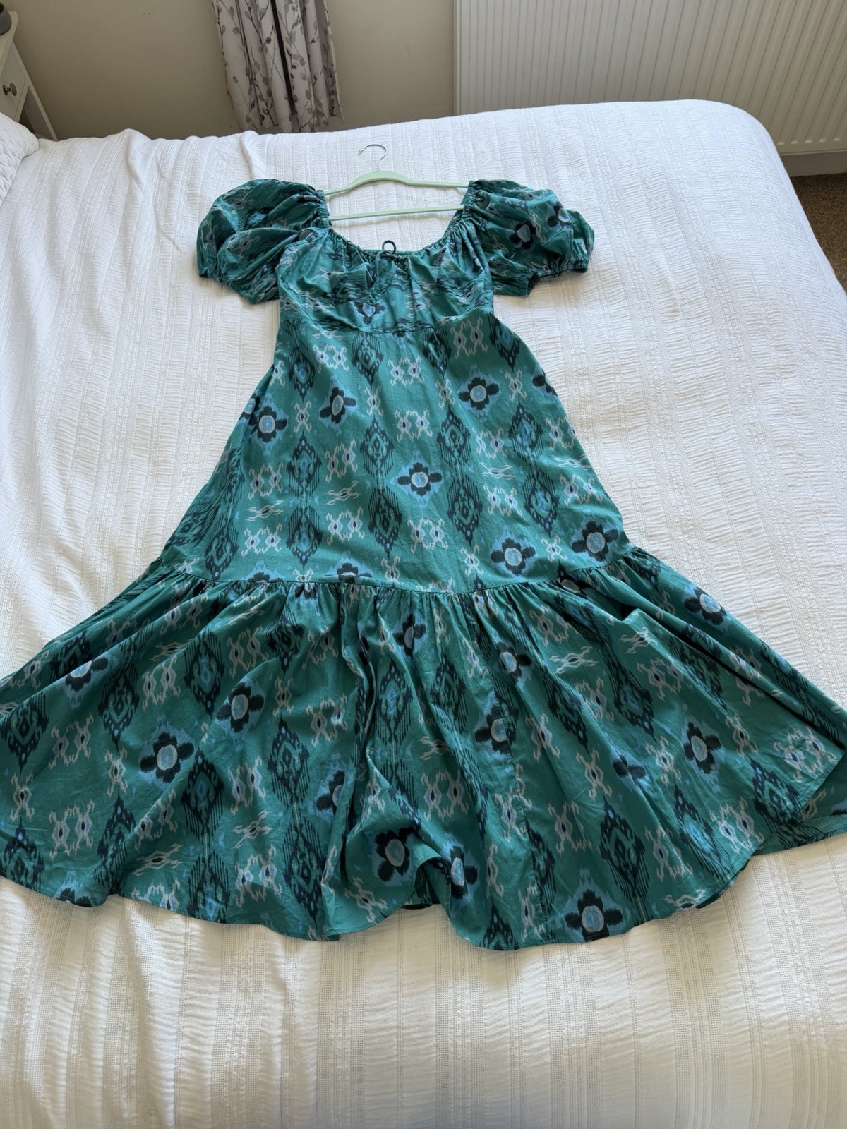 Marks & Spencer Teal Blue Green Puff Sleeve Midi Dress Size 14 Cotton Tiered