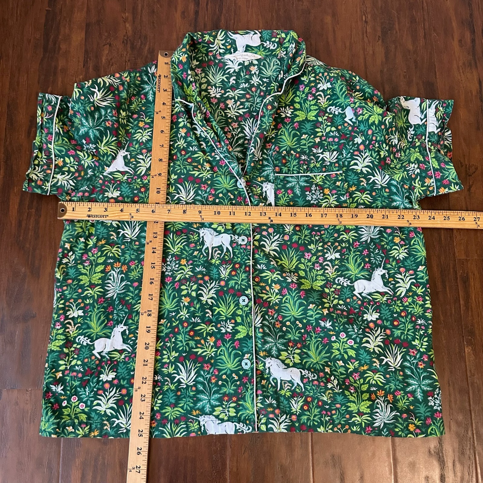 PRINTFRESH Unicorn Garden Pajama Shorts Set Womens L Green Short Sleeve Shirt