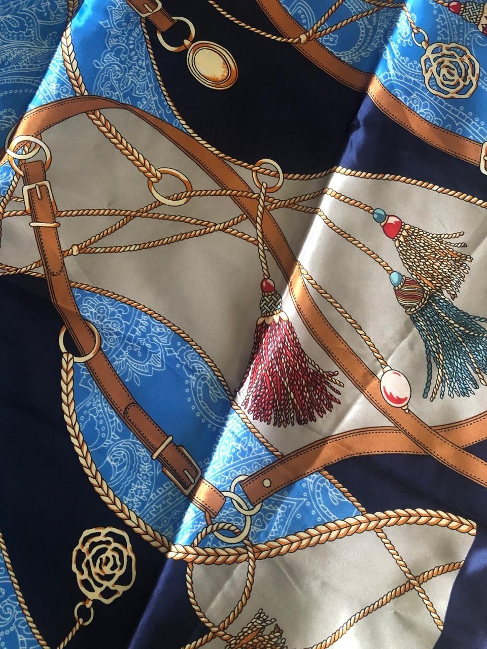Elegant Navy Blue Polyester Scarf Silk Feel Paisley Square, Neck Head Waist Wrap